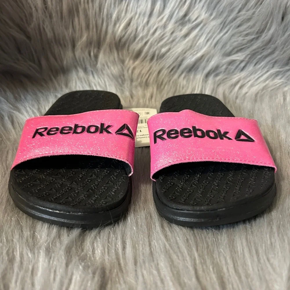 Reebok Slides Girls Size‎ 13 Pink Black Slip On Sandals Shoes Lightweight